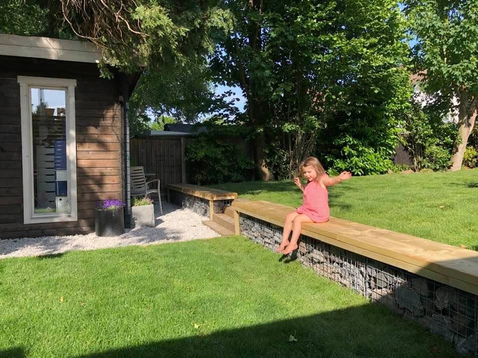 Timber gabion bench and lawn